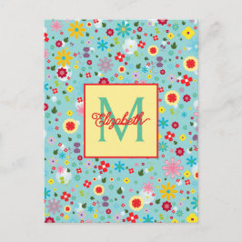 Vårblommor på akblått monogram vykort