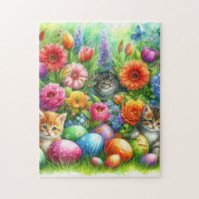 Vårblommor Påskägg och Katter i Trädgården  Pussel (Vertikal)
