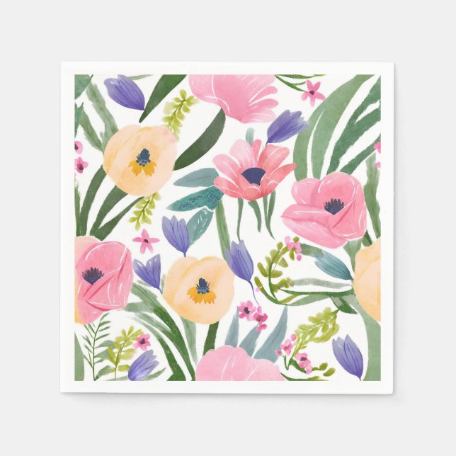 Vårblommor | Pastell Färgade Blommor Vattenfärg Pappersservett (Framsidan)