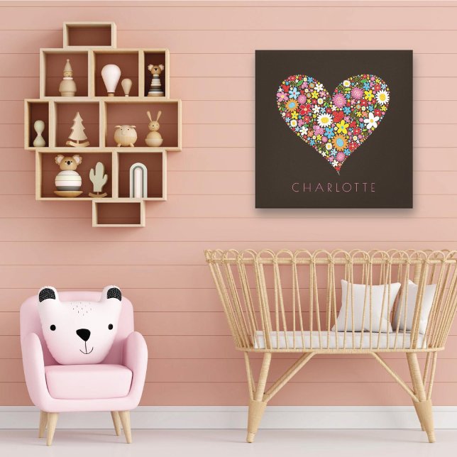 Vårblommor Trädgård Kärlek Hjärtat Barnkammar Vägg Canvastryck (Whimsical Spring Flowers Garden Love Heart Girl's Nursery Room Wall Art @ fat_fa_tin)