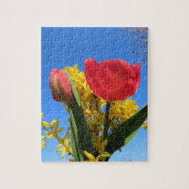 vårblommor, tulpaner, färgglada + blommor, blå pussel