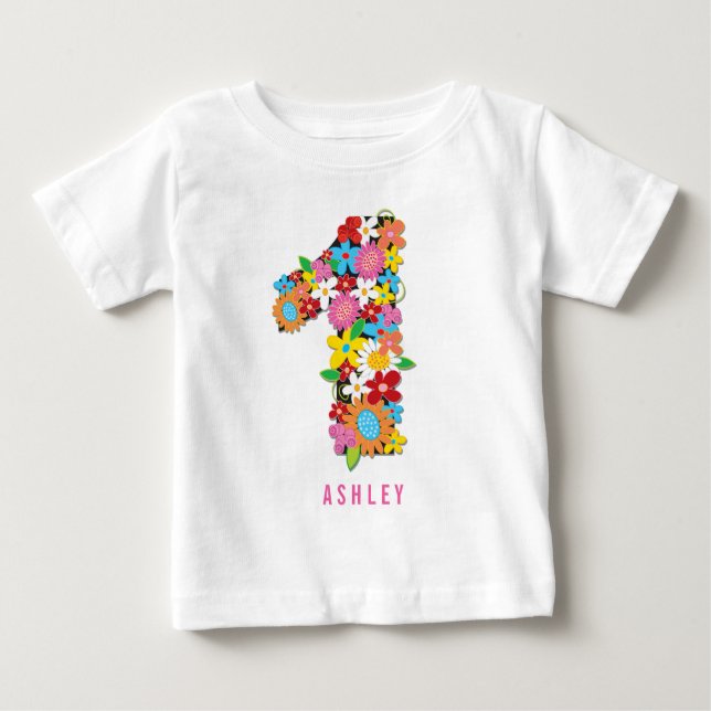 Vårblommornas trädgård En flickas 1-års födelsedag Tee Shirt (Framsida)