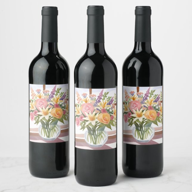 Vårblomsbukett | Vacker blomkort Vinflaska Etikett (Flaskor)