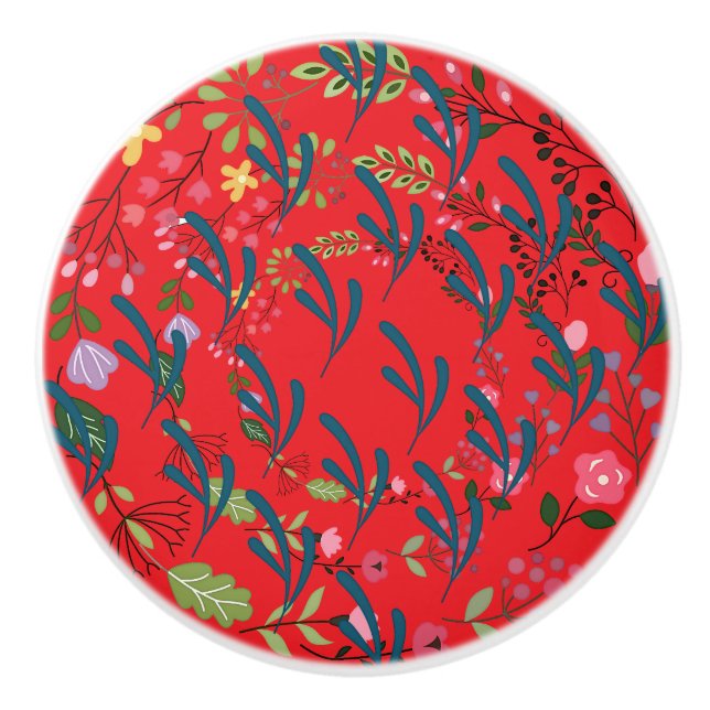 Vårblomster Ring + Blad Röd Draghandtag Knopp (Framsidan)