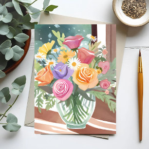 Vårblomsterbukett Blomvas Vattenfärg Vykort