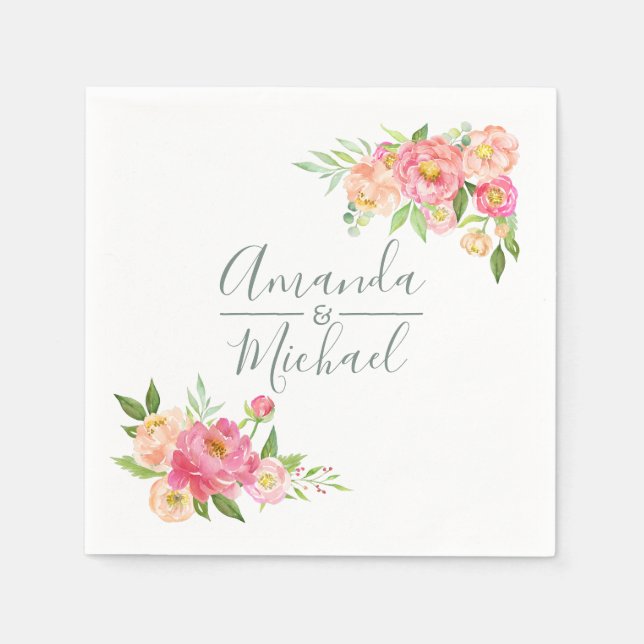Vårbröllop akvarell Peonies Pappersservett (Framsidan)