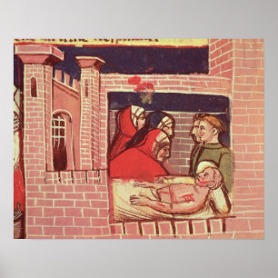 Vård av en skadad man i ett slott poster