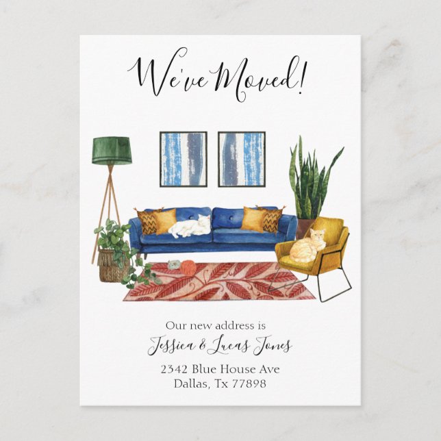 Vardagsrums flyttningsmeddelande Vi har flyttat ka Meddelande Vykort (Framsida)