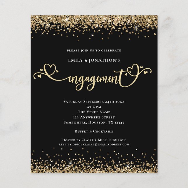 Värde Guld Glitter Heart-skript, Förlovning Black Flygblad (Framsidan)