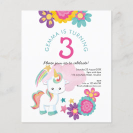 Värde Unicorn Girl 3:e födelsedagsinbjudan Flygblad