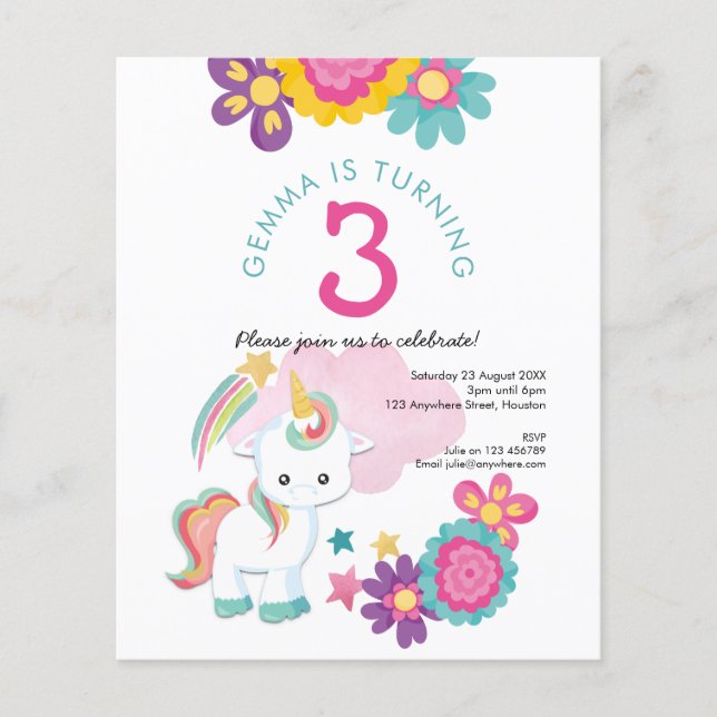Värde Unicorn Girl 3:e födelsedagsinbjudan Flygblad (Framsidan)