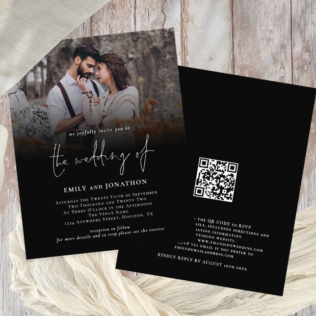 Värdefotoskript QR-kod Bröllop Black Inbjudan Flygblad (Weddng Invitation Value Paper alternative)