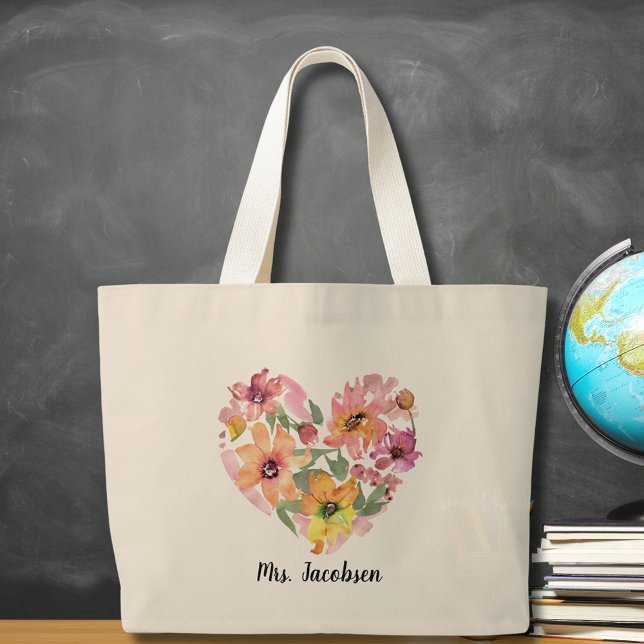 Värdering av vattenfärgen Flower Heart Teacher Jumbo Tygkasse (Watercolor Flower Heart Teacher Appreciation Large Tote Bag
)