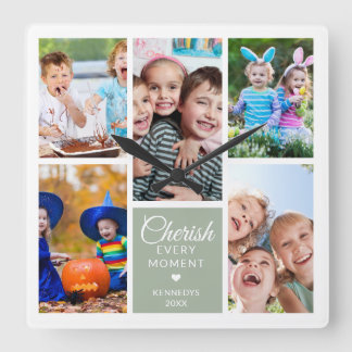 Värdesätt Varje Stund Sagegrön 5-Foto Collage Fyrkantig Klocka