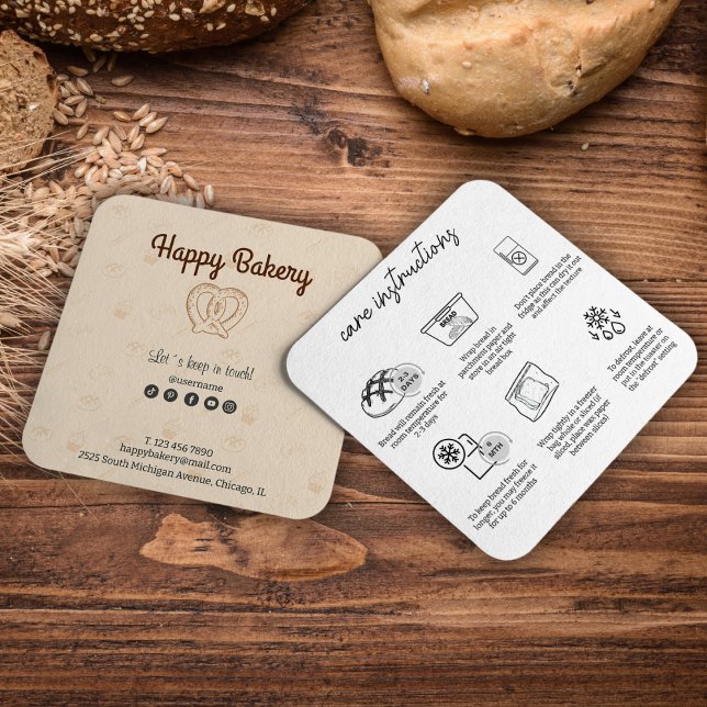Vårdinstruktioner Beige Bakery Icons Fyrkantigt Visitkort (Sourdough Care Instructions Beige Bakery Icons Square Business Card)