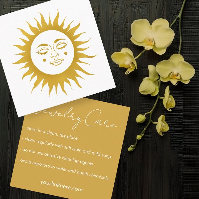 Vårdinstruktioner Sunshine Boho Line Art Guld Fyrkantigt Visitkort (Care Instructions Sunshine Boho Line Art Gold Square Business Card
)