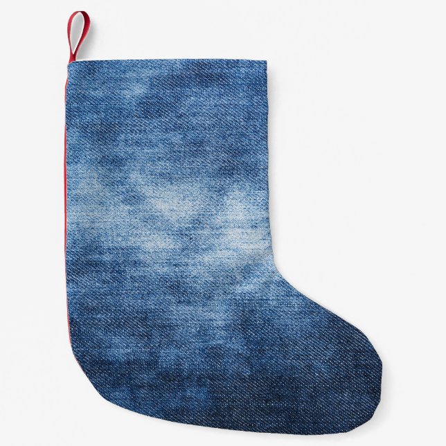 Vare denim-väv, texturerad bakgrund. liten julstrumpa (Framsidan)
