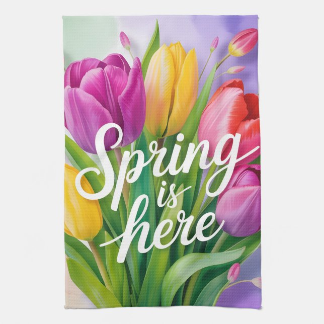 "Våren är här" Tulipbukettillustration Kökshandduk (Vertikal)