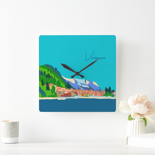 Varenna Sjö Como Italien Illustration Travel Fyrkantig Klocka (Hem)