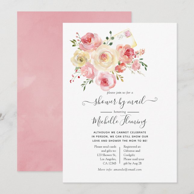 Vårens akvarellblommor Babyshower via post Inbjudningar (Fram/baksida)