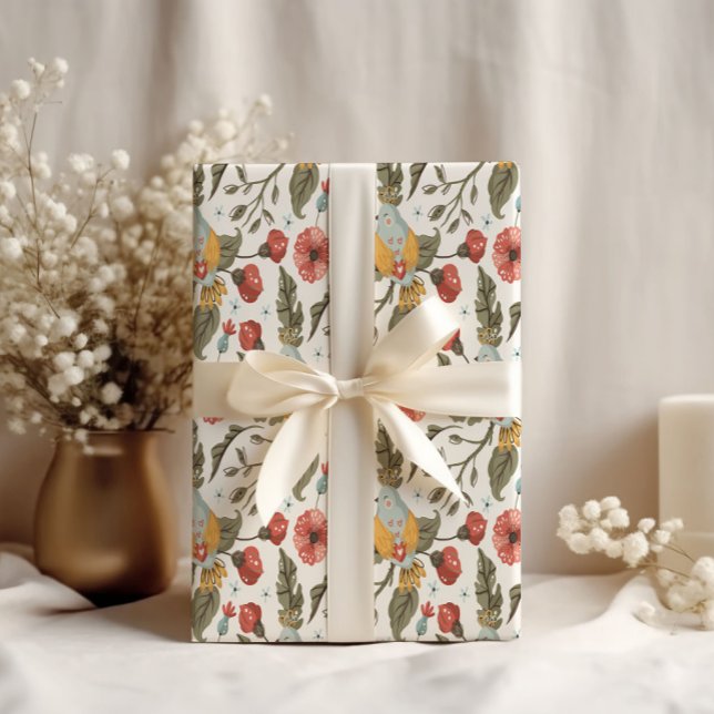 Vårens blomster vaktel fågel mönster bröllop  presentpapper (Skapare uppladdad)