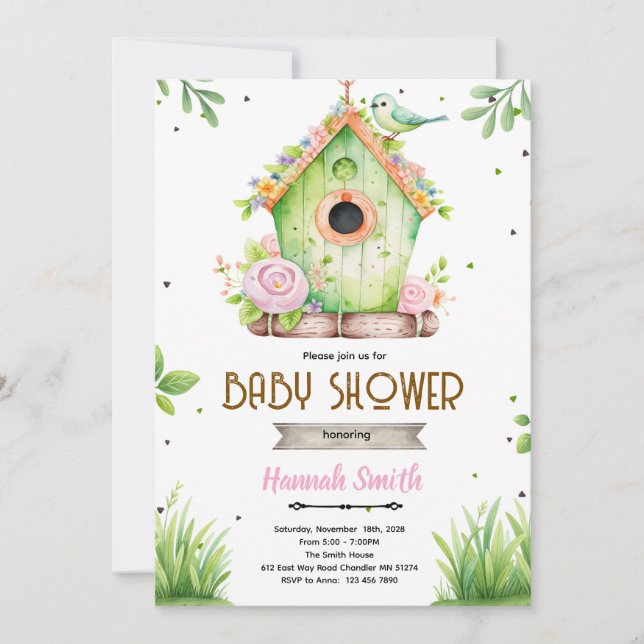 Vårens fågelbo baby shower inbjudan (Framsida)
