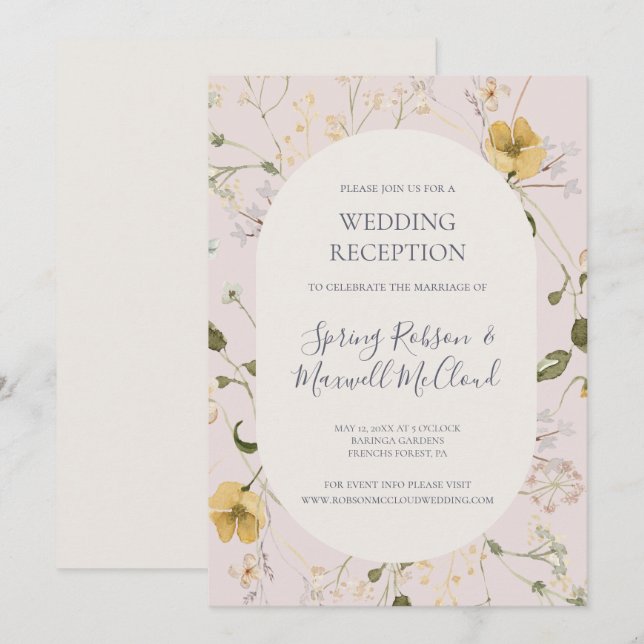 Vårens vilda blommor | Bröllopsreception med rosaf Inbjudningar (Fram/baksida)