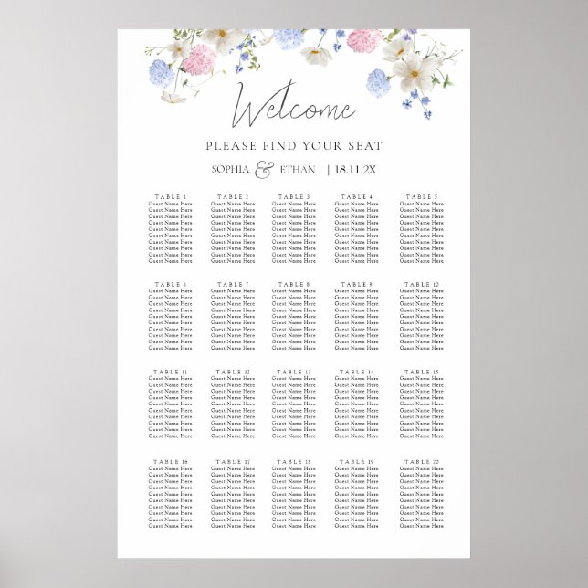Vårens vilda blommor lila bröllops sittplatskarta poster (Framsidan)