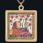 VÄRENTINENS DAGSPARKMENT I ETERNAL KÄRLEK GULDPLÄTERAT HALSBAND<br><div class="desc">Colorful expressive antique bra art. Medieval Heraldic German miniature från 1 200 romantiska älskare i en blomsterträdgård med vit fågel, blandad med gamla bruna parchment-effekter i åldrasen.Enkel att anpassa som bröllop-ceremoni, nuptial-anslagskort, platskort, spara-till-datum, tackkort, möhippor, romantiska förlovningar, helgdagar, Alla hjärtdagar Det är din dag, eller vad som helst du vill!...</div>