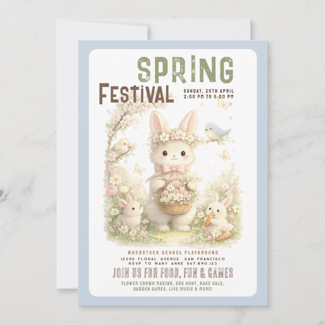 Vårfestival Söt Kanin Blommig Påsk Inbjudningar (Framsida)