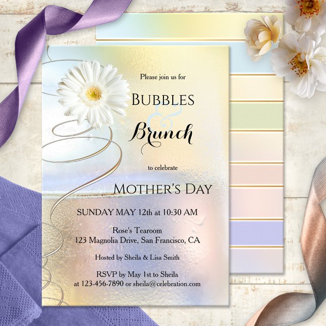 Vårfirande bubblar och brunch-inbjudan inbjudningar (Elegant Bubbles & Brunch invitation featuring festive swirls and a daisy flower)