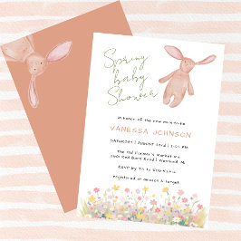 Vårflicka Baby Shower Rosa Kanin Vilda Blommor Inbjudningar