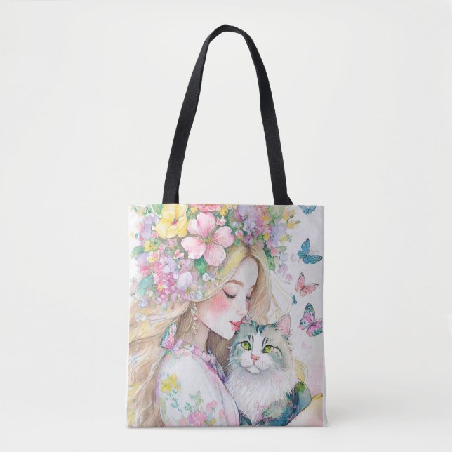 Vårflicka med blommor och katt tygkasse (Framsida)