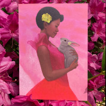 "Vårflicka med kanin." Vykort