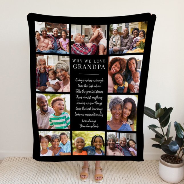 Varför vi älskar farfar Personlig fotokollage Fleecefilt (Why We Love Grandpa Personalized Photo Collage Fleece Blanket)