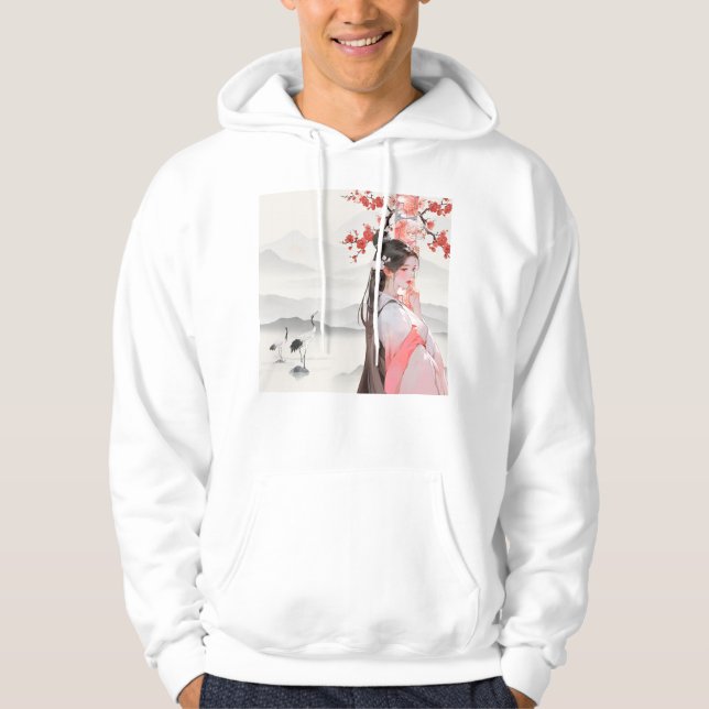 Vårförundran: Tranor och plommonblommor Hoodie (Framsida)