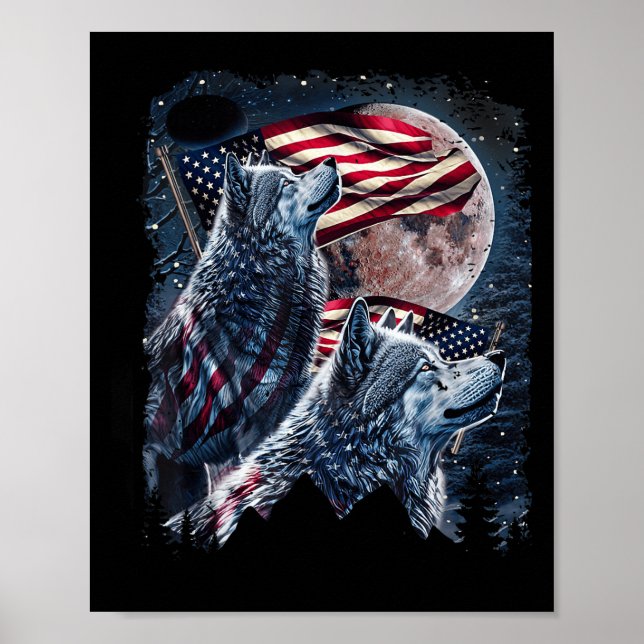 Varg 4:e juli Amerikanska Flagga Howling Vargar un Poster (Framsidan)