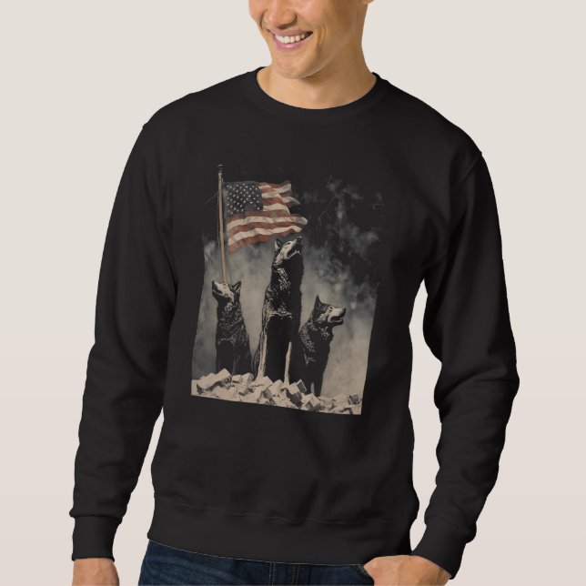 Varg 4 juli Amerikansk Flagga USA Retro Lång Ärmad Tröja (Framsida)