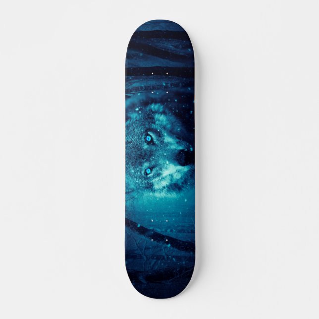 Varg ansikte i mörk fantasyskog mini skateboard bräda 18,5 cm (Framsida)