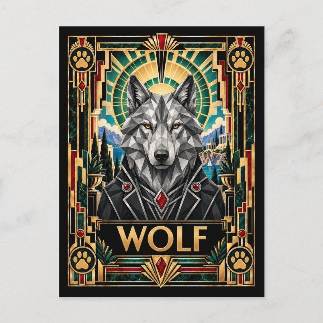 Varg, Art Deco Wildlife Vykort (Framsida)