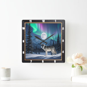 Varg Aurora Borealis Wildlife Fyrkantig Klocka