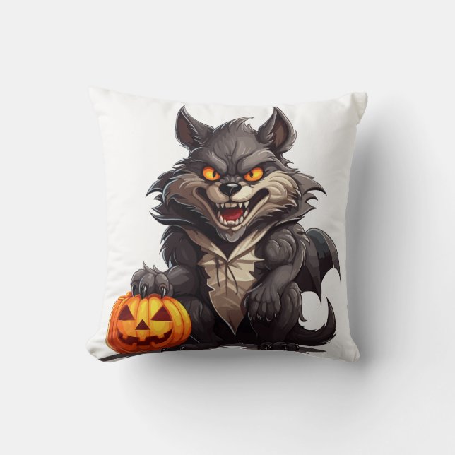 Varg av tecknad med Halloween-pumpor Kudde (Framsida)