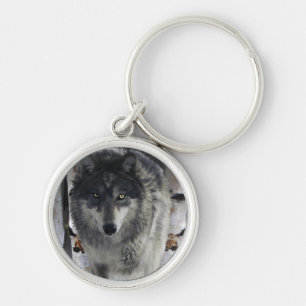 Varg av vilda djur och Grått samt skogsdesign Rund Silverfärgad Nyckelring