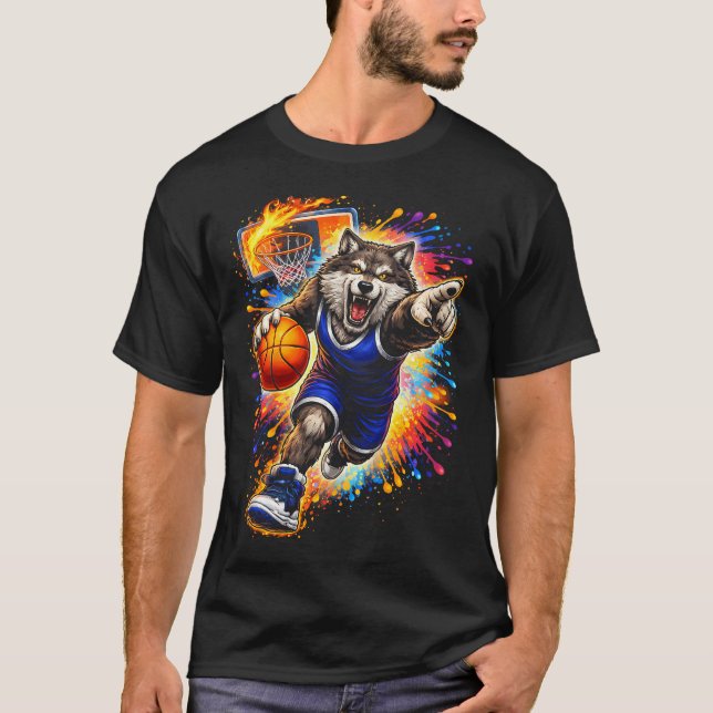 Varg Basketspelare Målarstänk Djur T Shirt (Framsida)