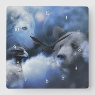 Varg Bear and Eagle Native American Fyrkantig Klocka