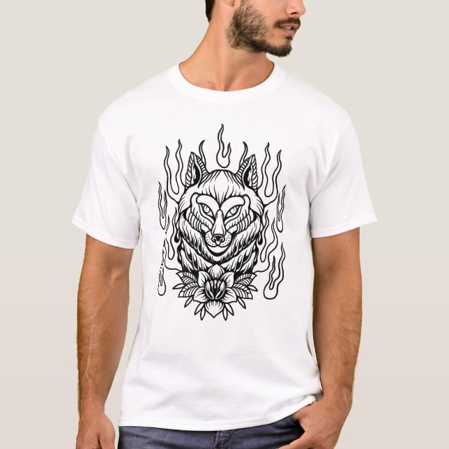 Varg blommor med flamtatuering T-Shirt (Framsida)