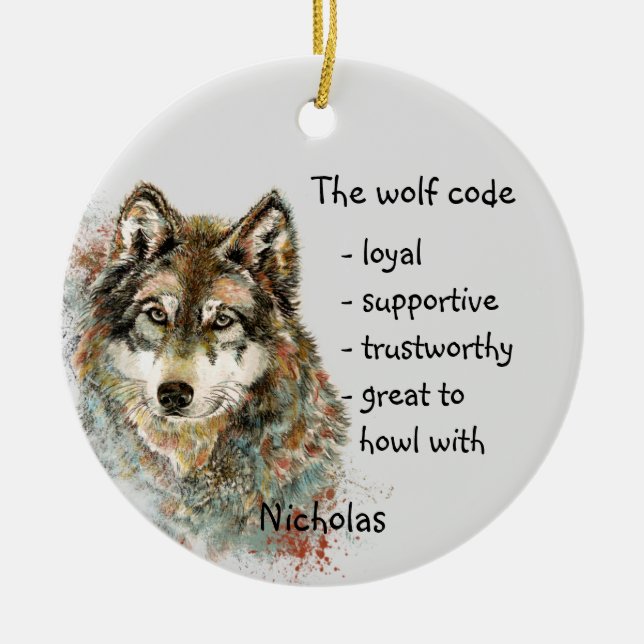 Varg Code Inspirational Watercolor Wildlife animal Julgransprydnad Keramik (Framsidan)