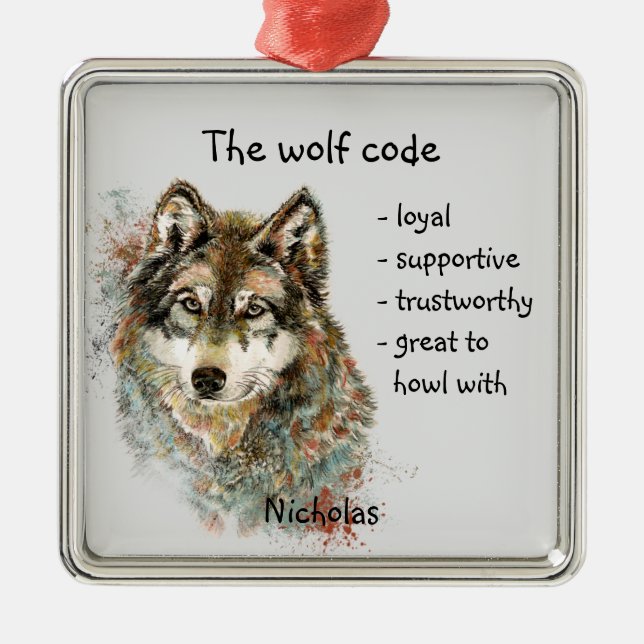 Varg Code Inspirational Watercolor Wildlife animal Julgransprydnad Metall (Framsidan)
