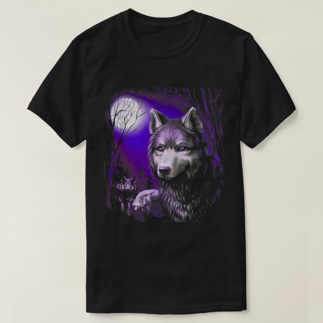 Varg Coola Vargar Forest Träd Måne T Shirt (Design framsida)