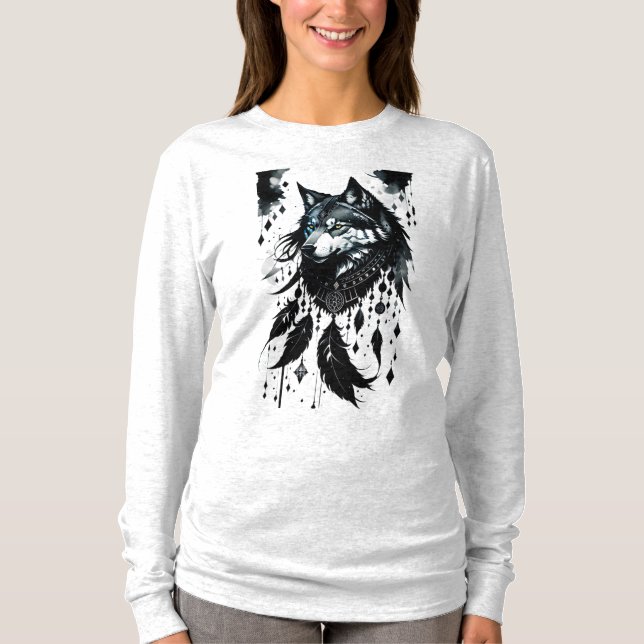 varg, drömfångare, amulett, talisman, skydd, t shirt (Framsida)